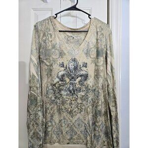 Gracewear Womens XL V-Neck Long Sleeve Fleur-De-Lis Print Blouse